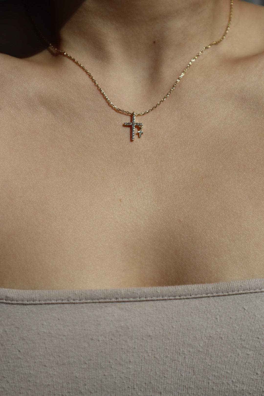 24K Double Gold Cross Necklace