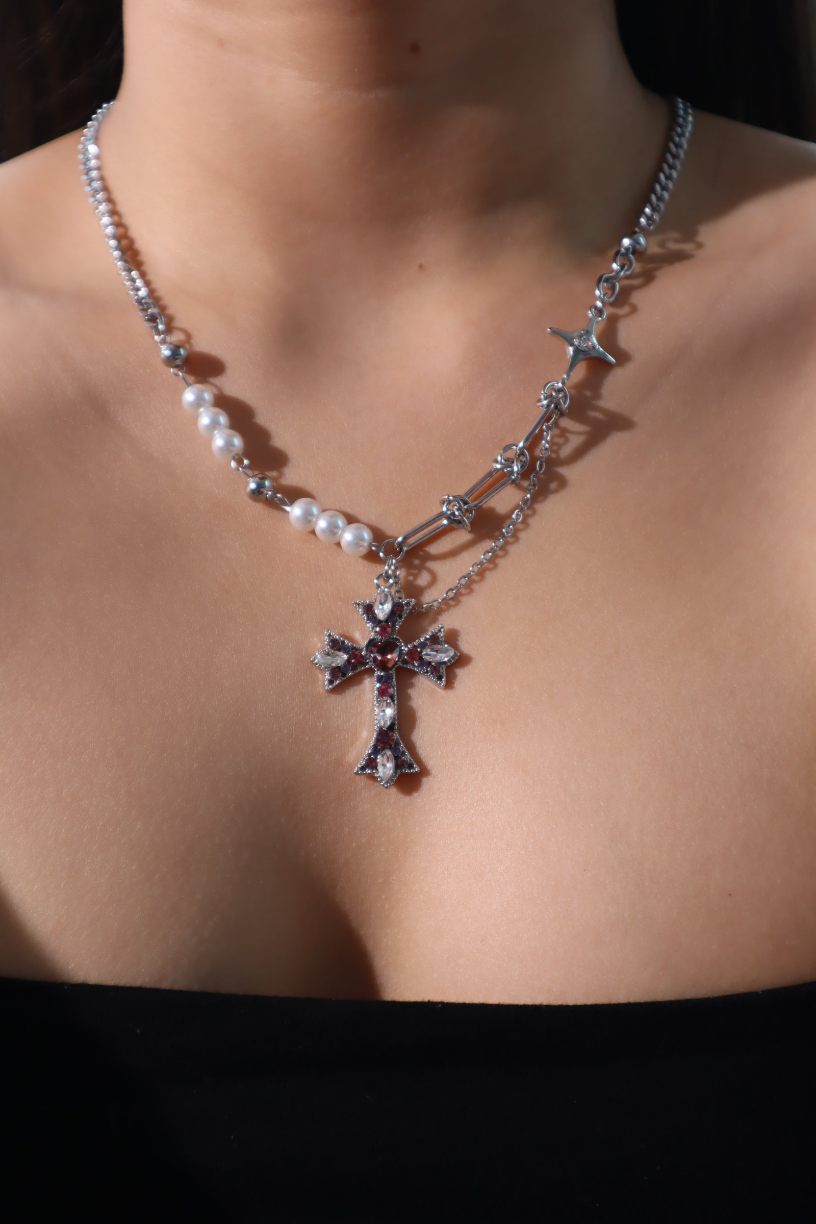 Pink Gems Cross Necklace