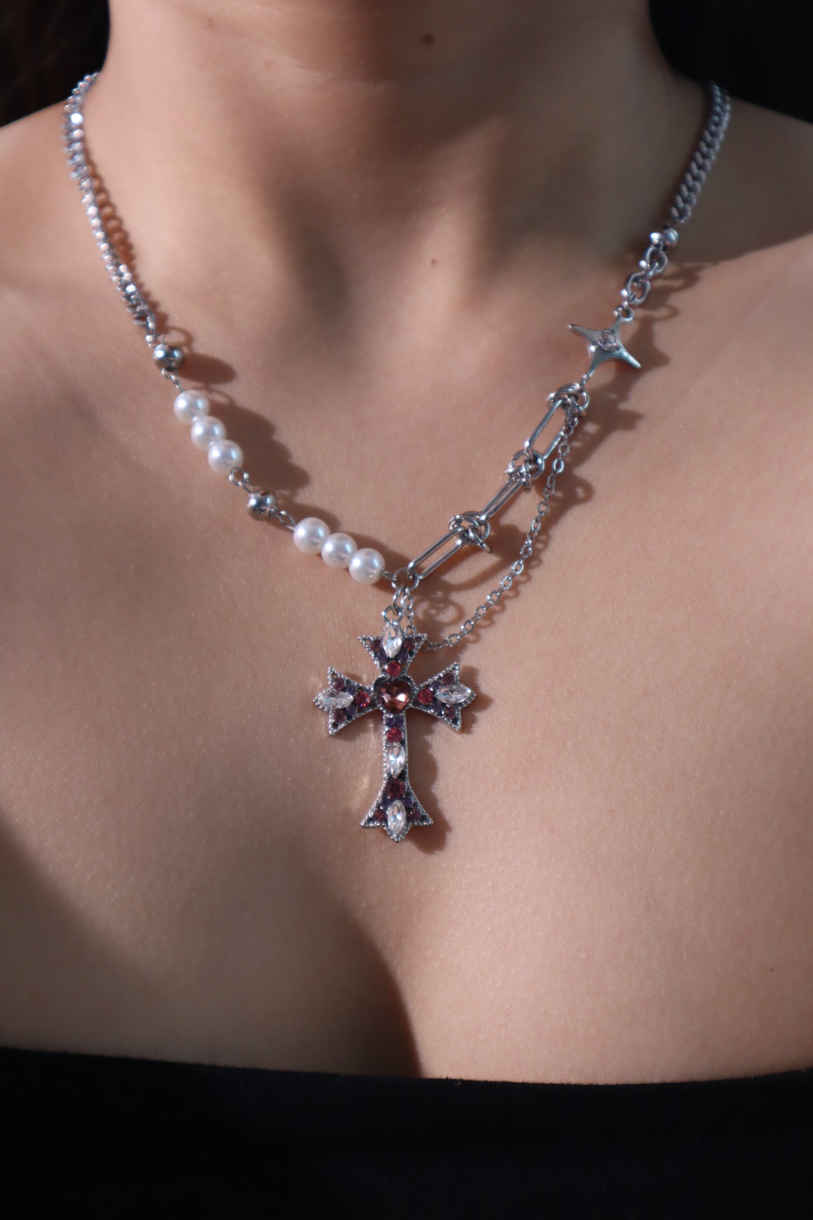 Pink Gems Cross Necklace