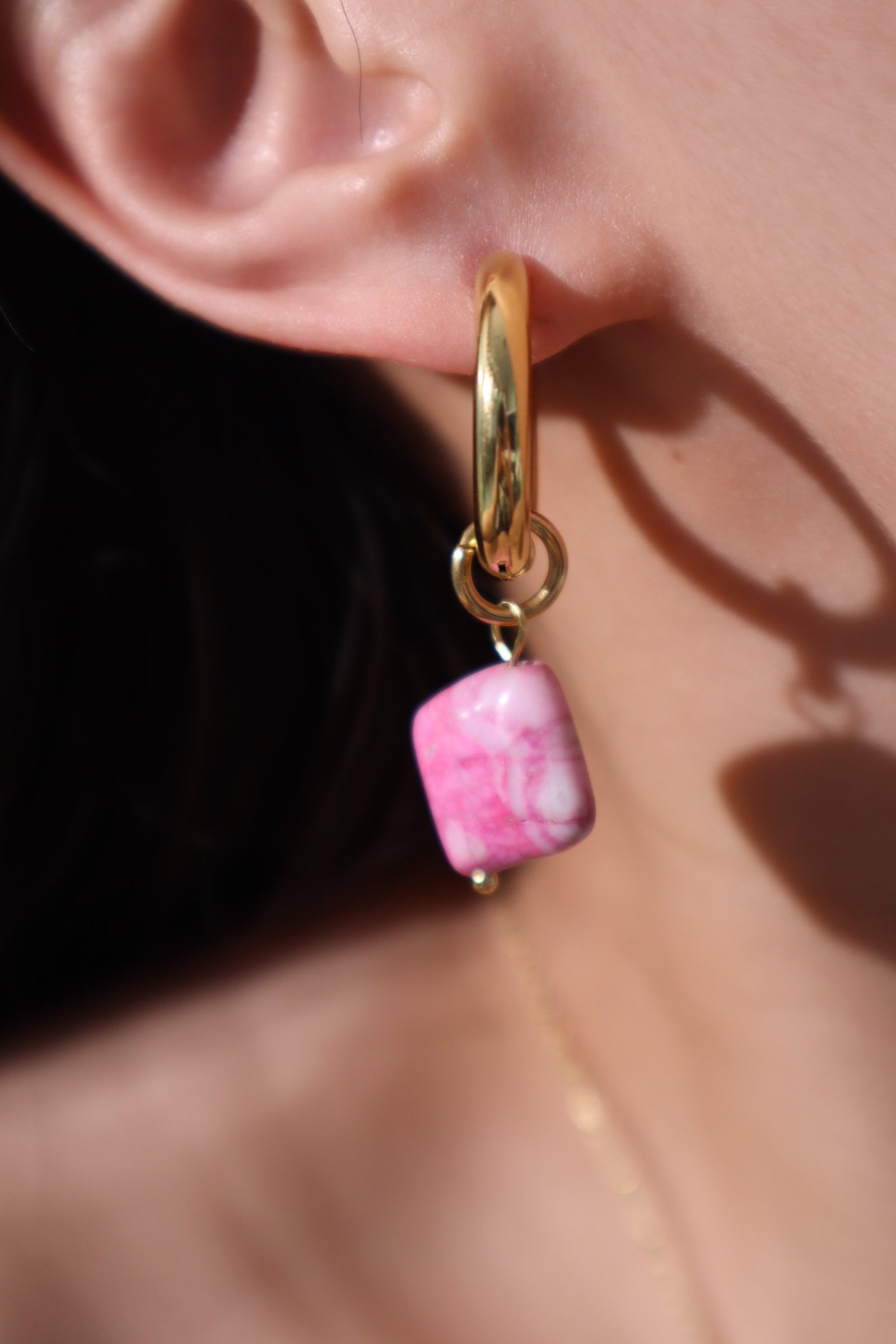 18K Real Gold Stainless Steel Natural Pink Stone Earrings