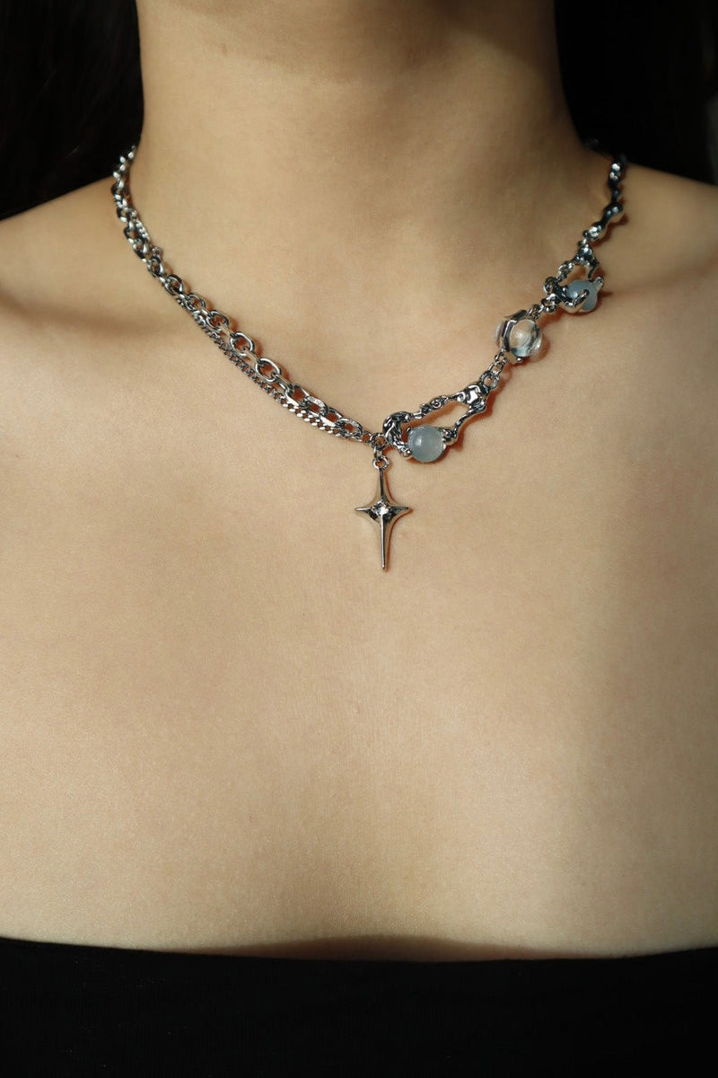 Palladium white gold plated moonlight star necklace with glowing zirconia moonstones