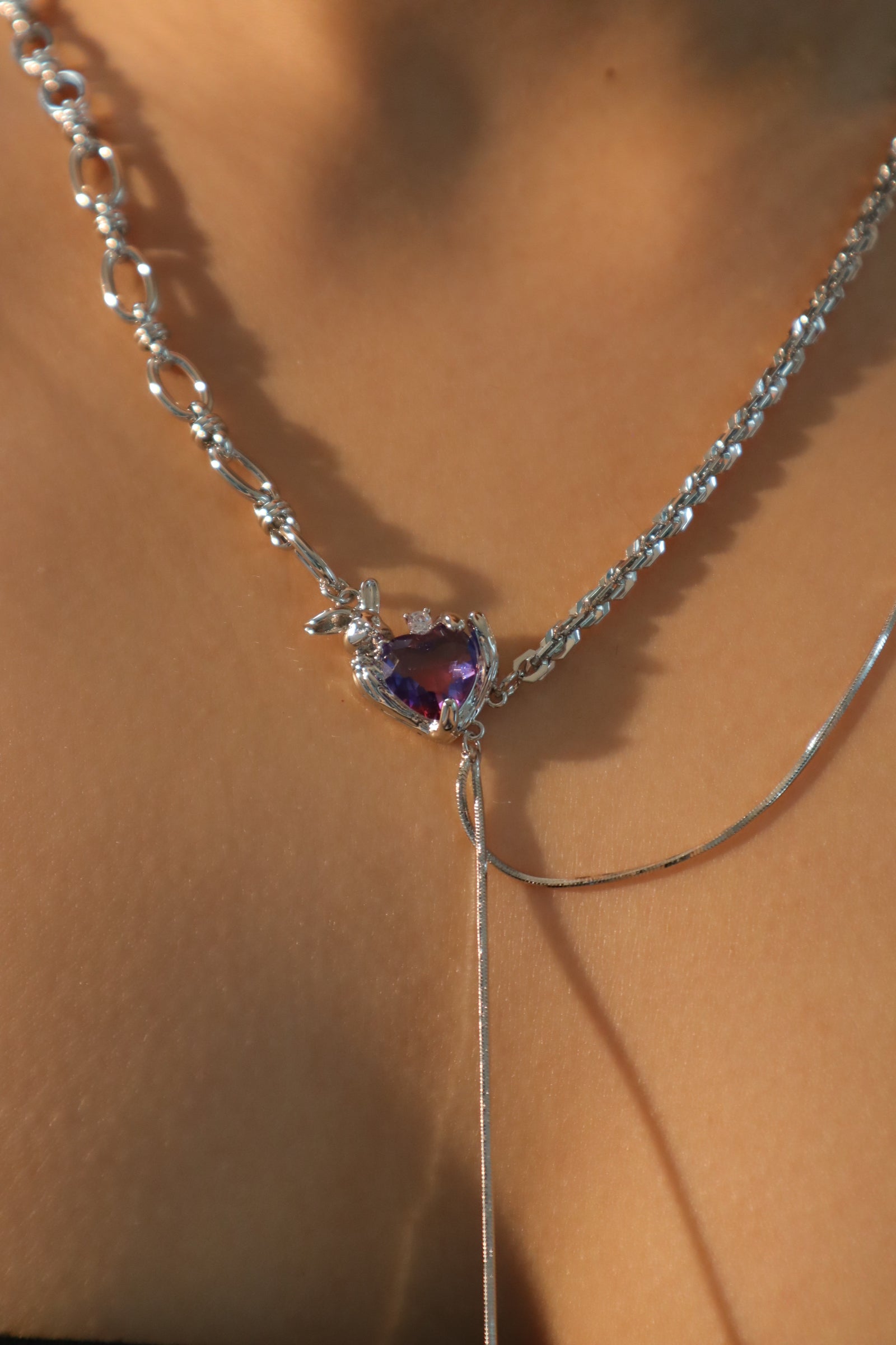 Platinum Plated Gradient Heart Chain Necklace