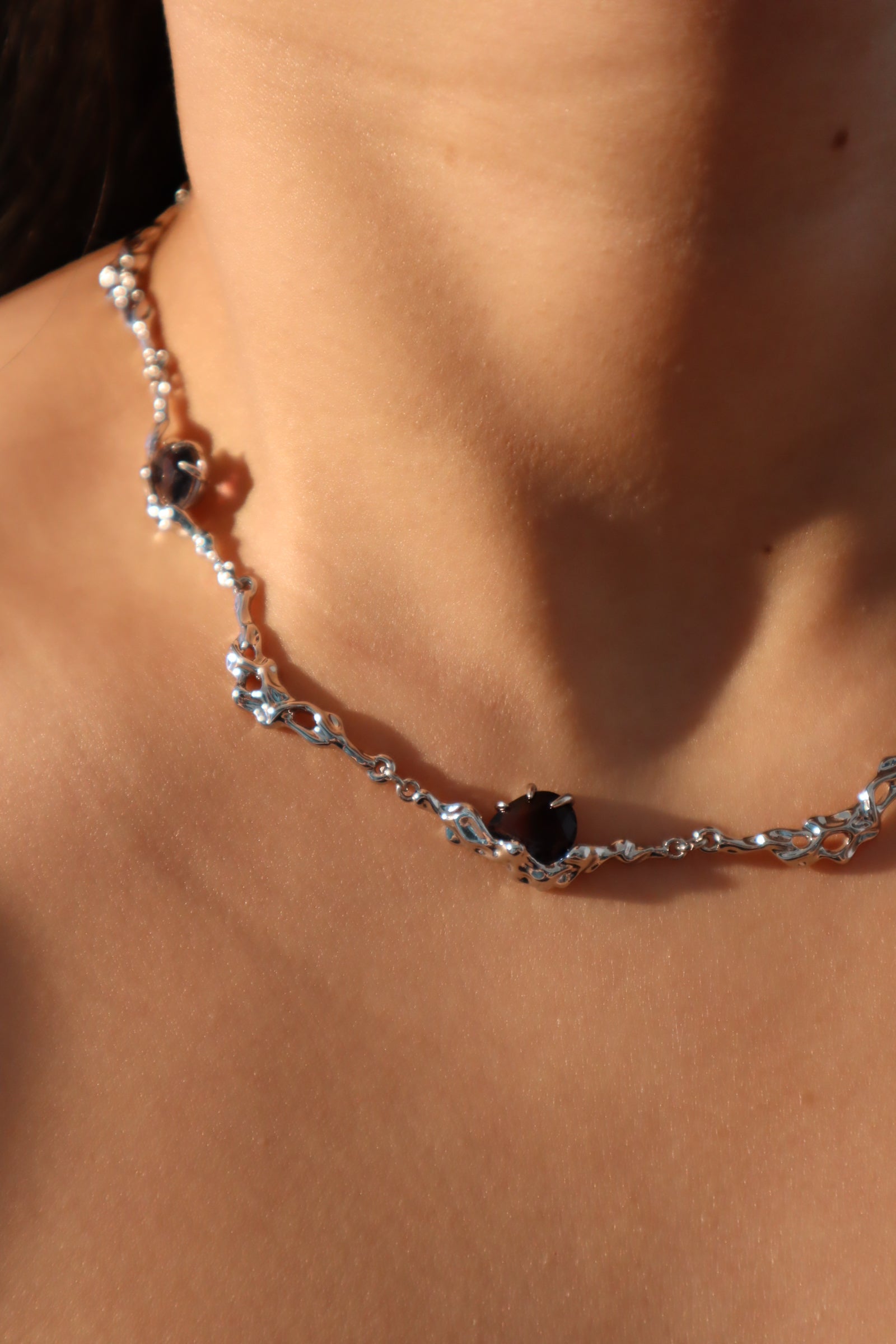 Platinum plated Multi Black Gems Necklace