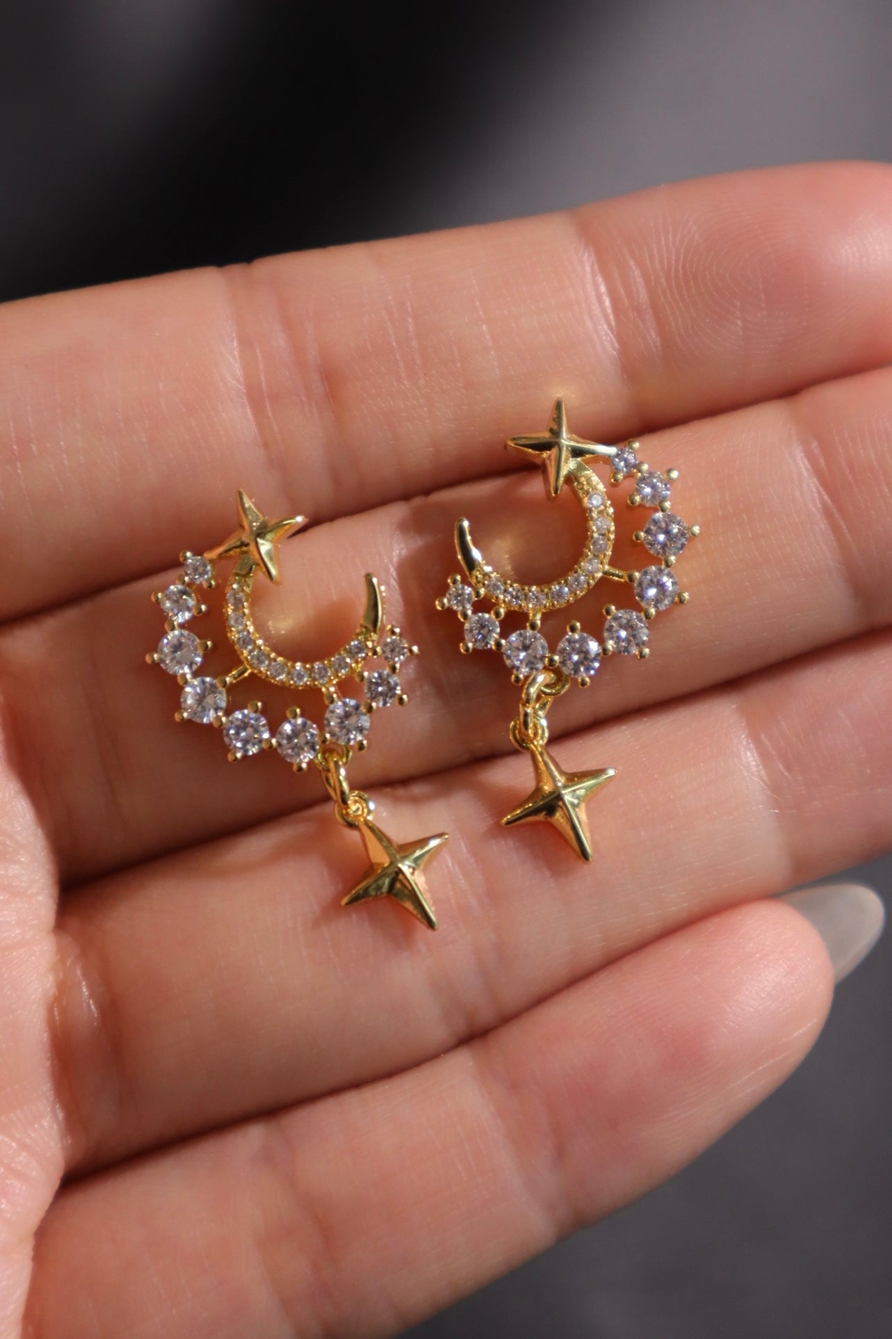 18K Real Gold Plated Diamonds Moon Star Earrings