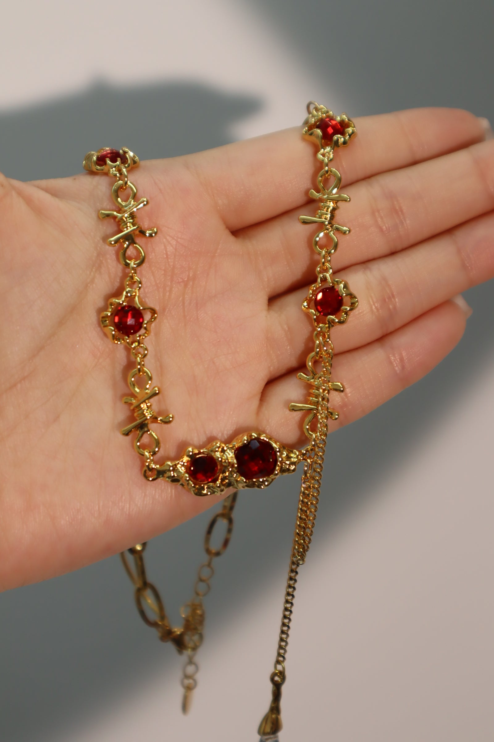 18K Real Gold Plated Red Gem Twist Necklace