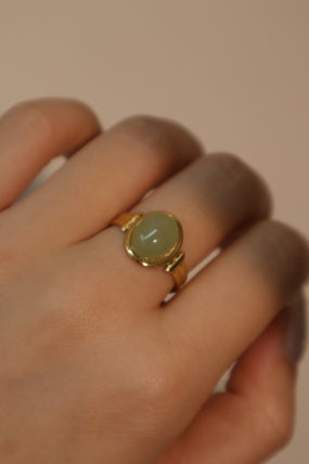 18K gold plated stainless steel adjustable ring with a natural green jade stone