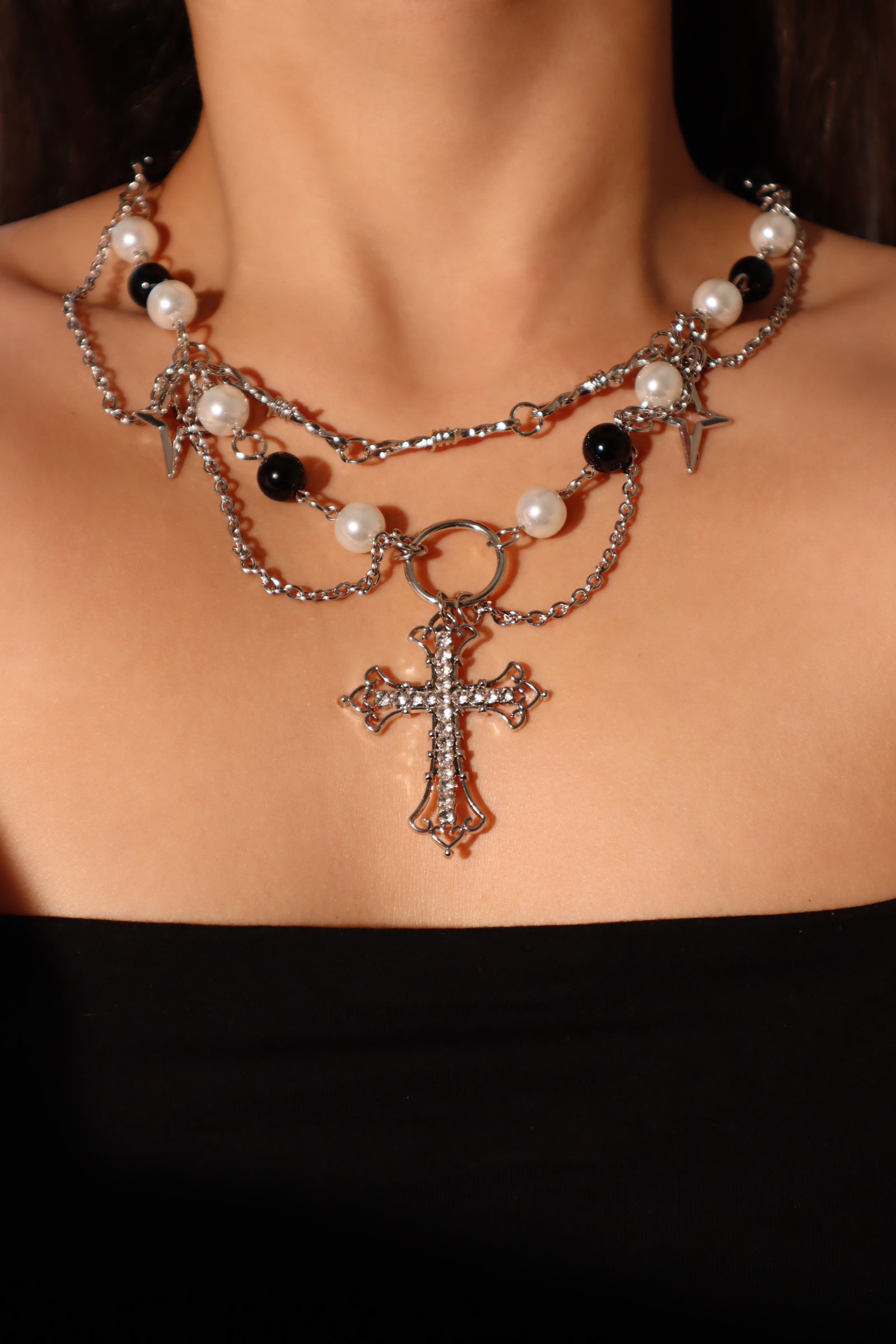 Black Gem Pearls Cross Necklace