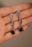 Platinum Plated Diamond Black Gem Dangle Earrings