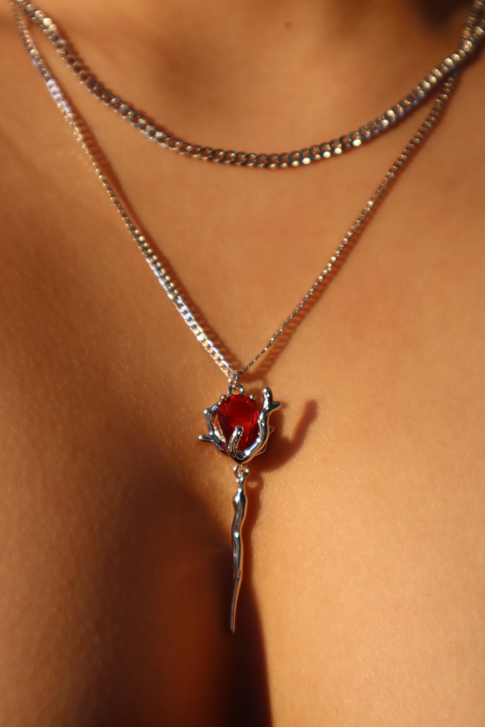 Platinum Plated Red Rose Layer Necklace