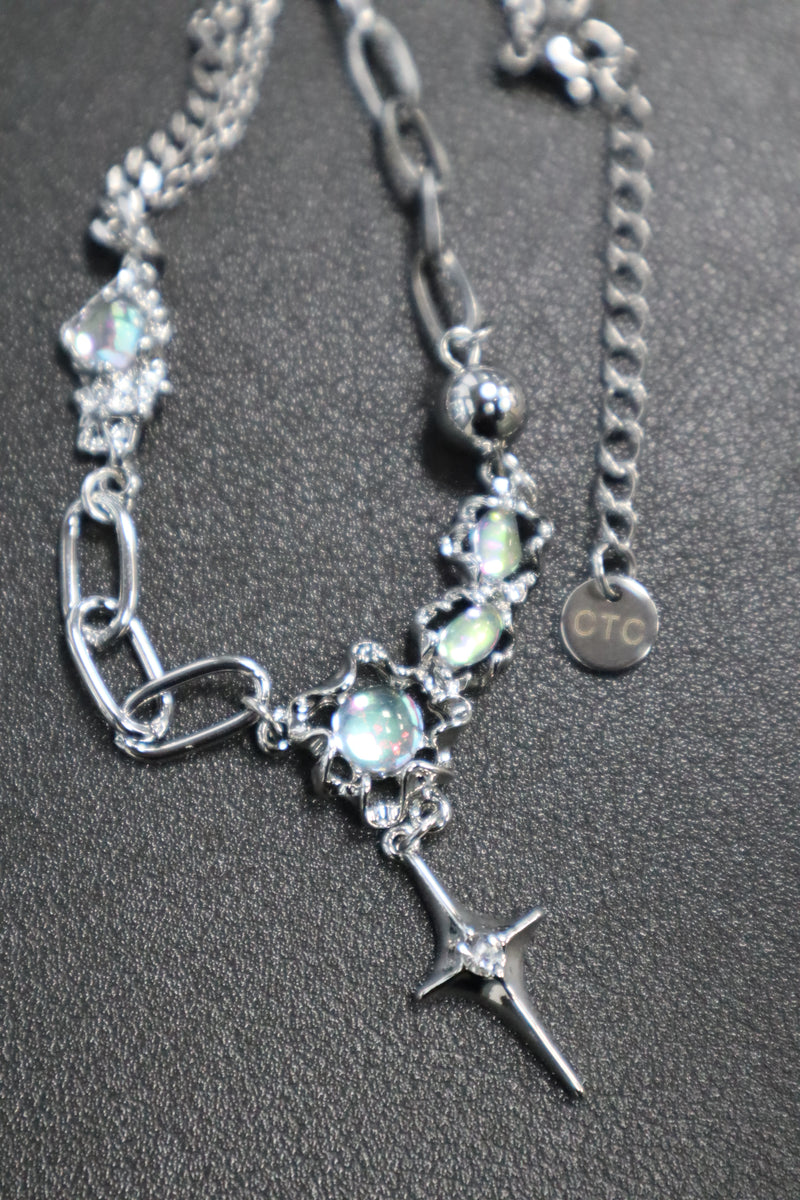 Stainless steel chain necklace with palladium white gold plated star pendants and zirconia opals