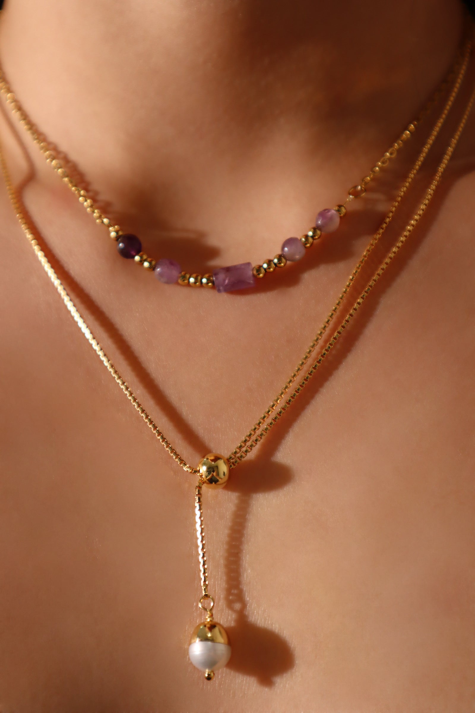 18K Gold Stainless Steel Purple Jade Necklace