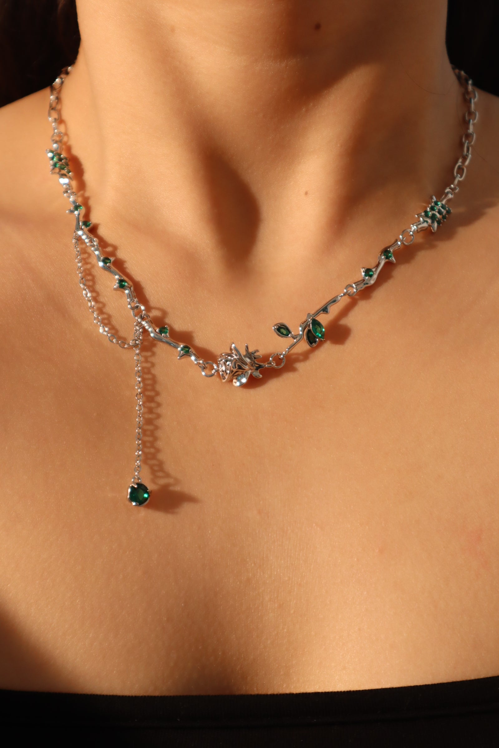Platinum Plated Green Gems Rose Necklace