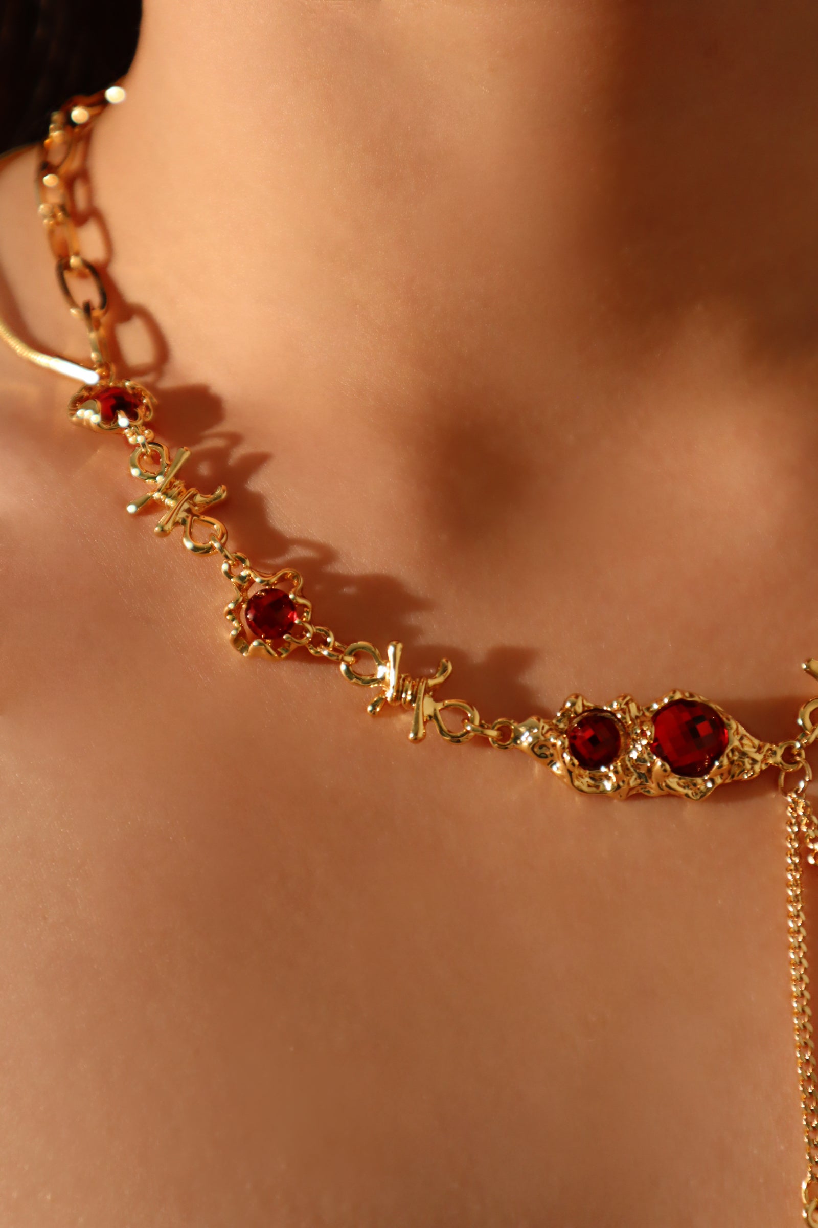 18K Real Gold Plated Red Gem Twist Necklace