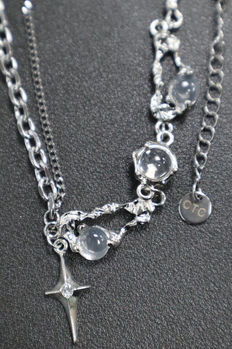 Palladium white gold plated moonlight star necklace with glowing zirconia moonstones