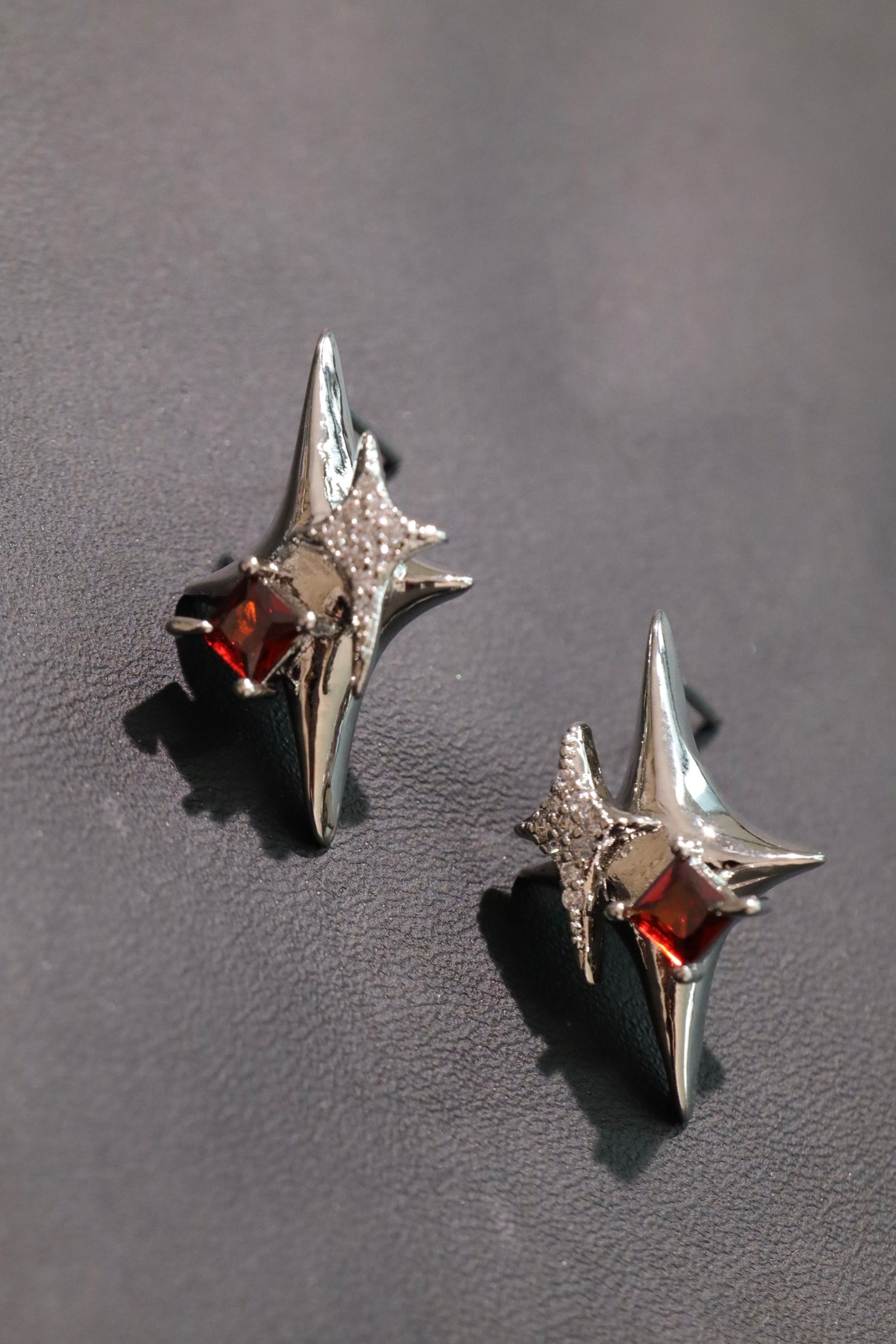 Satum Star Red Gem Stud Earrings