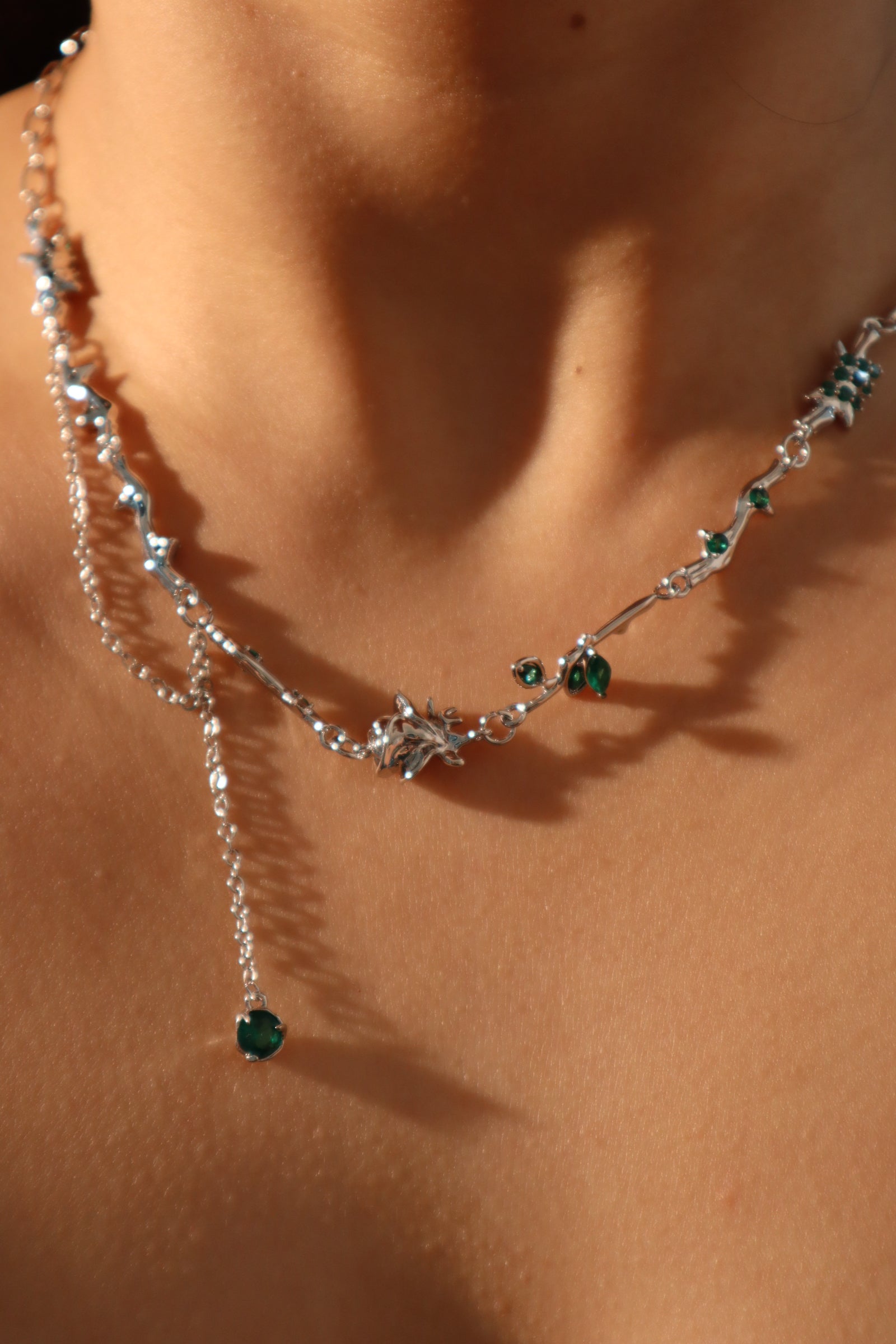 Platinum Plated Green Gems Rose Necklace