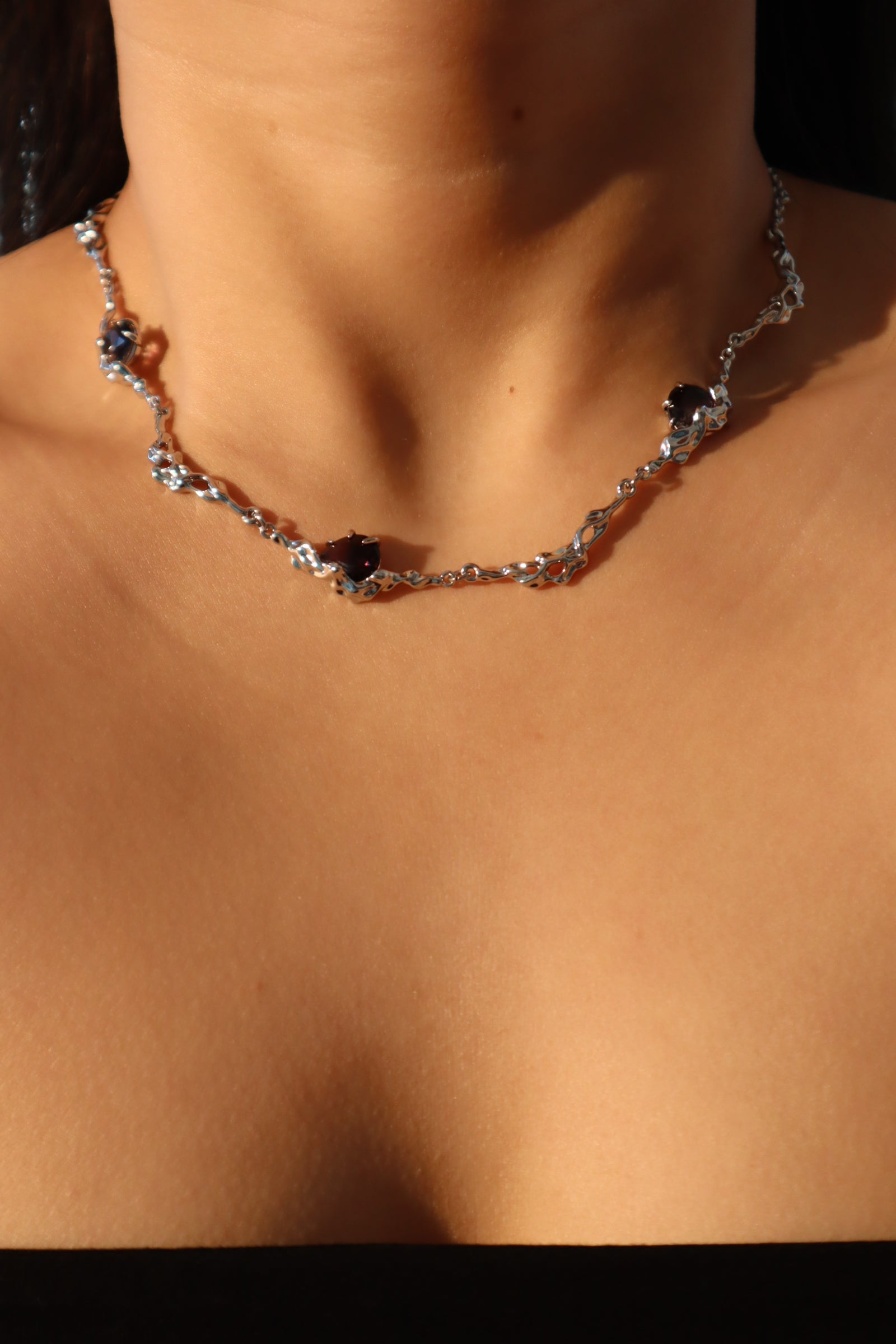 Platinum plated Multi Black Gems Necklace
