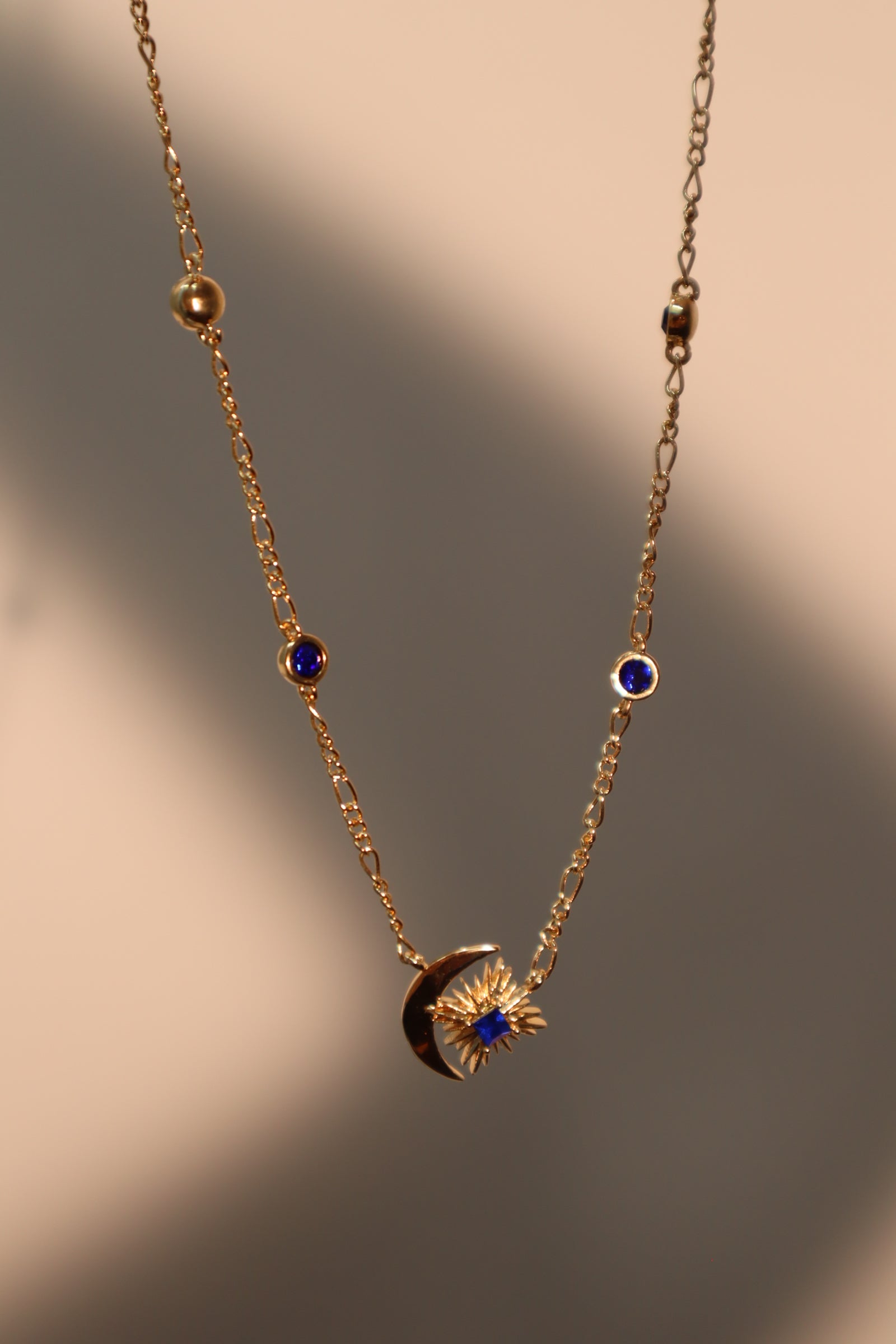 14K Gold Blue Gem Moon Star Necklace