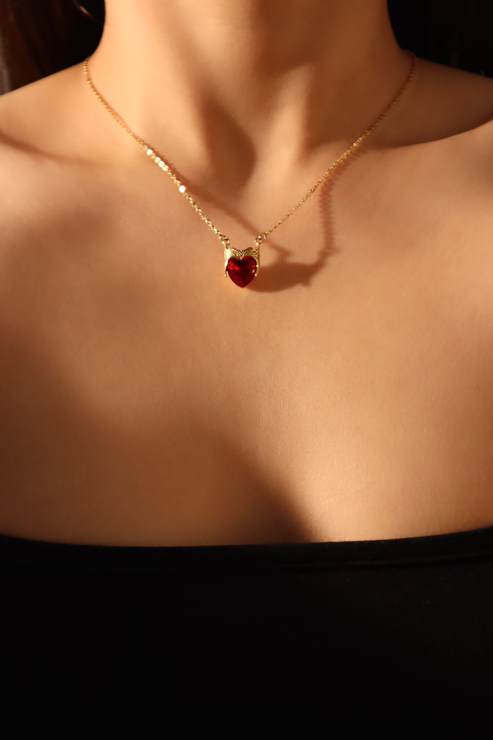 18K Gold Stainless Steel Red Gem Heart Necklace