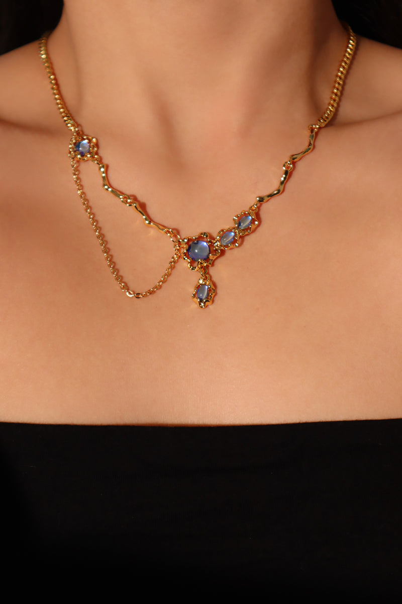 Gold-plated deep blue moonstone multi-strand and dangle necklace set for layering
