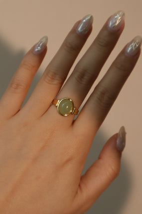 18K gold plated stainless steel adjustable ring with a natural green jade stone