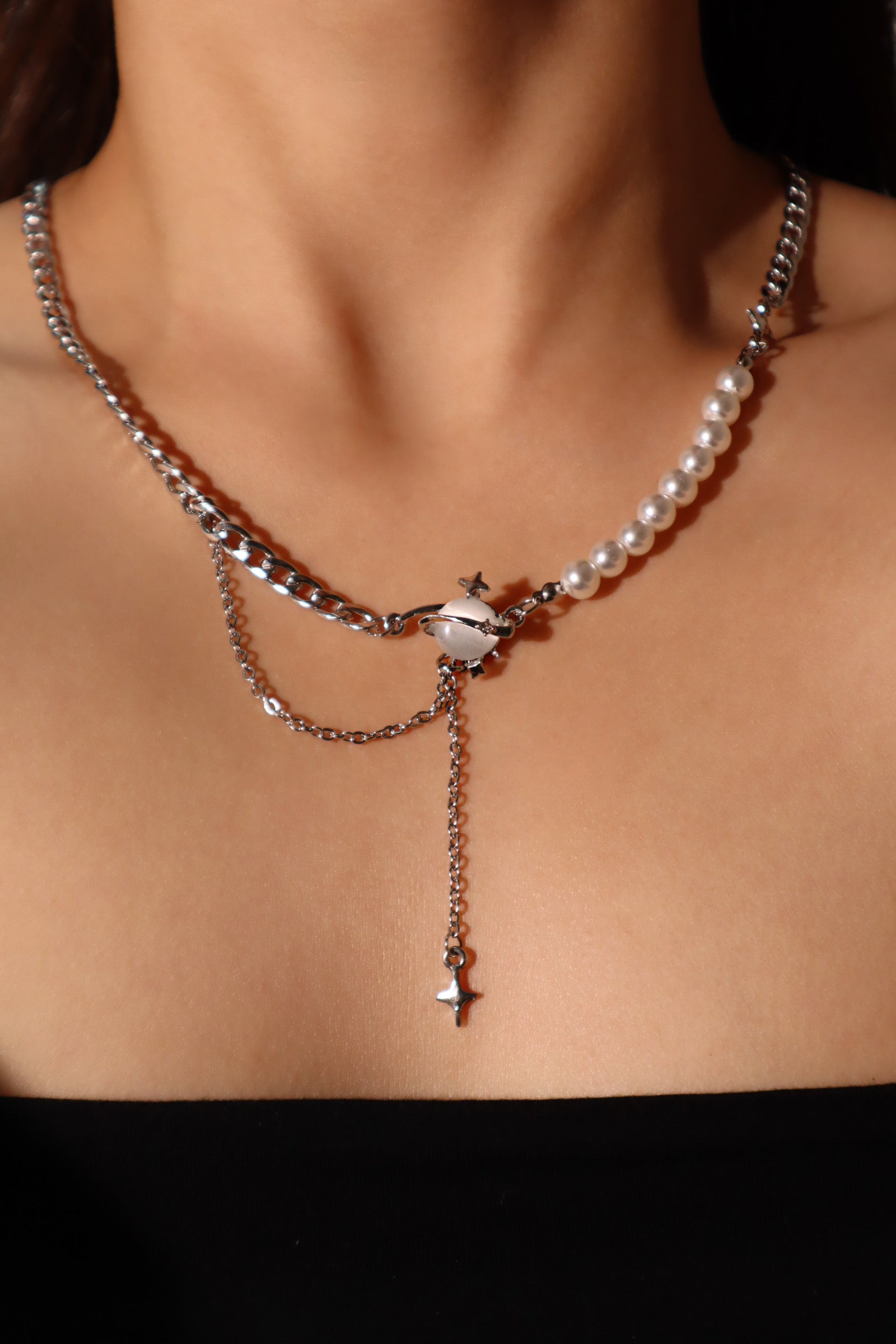 Moonlight Satum Star Pearl Chain Necklace
