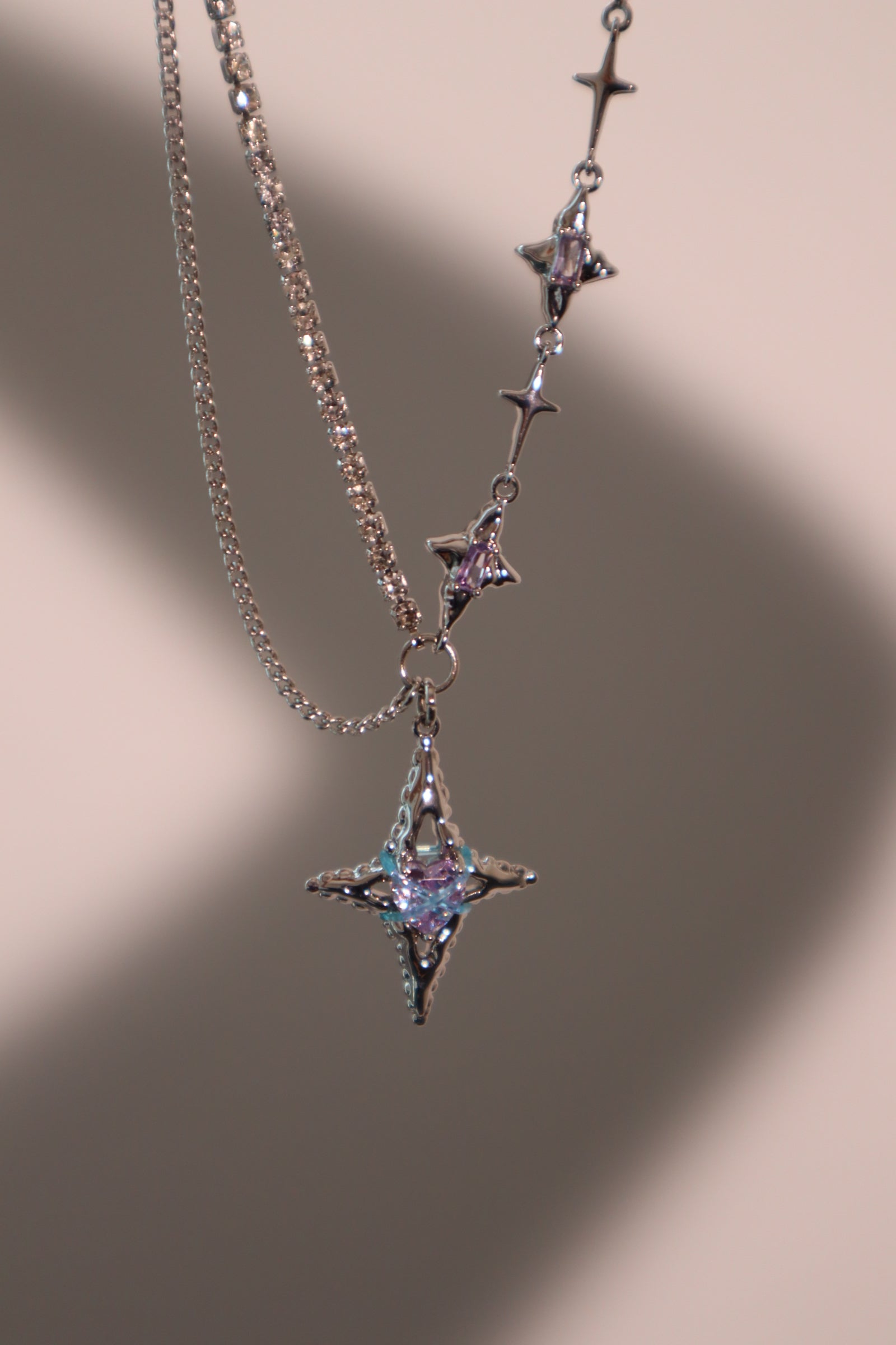 Platinum Plated Blue Cross Purple Gem Star Necklace