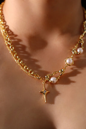 18K Real Gold Plated Pearl Star Necklace