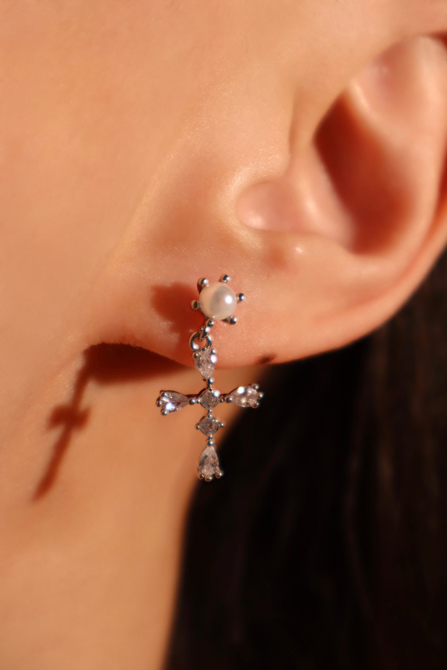 Platinum Plated Diamond Cross Pearl Earrings