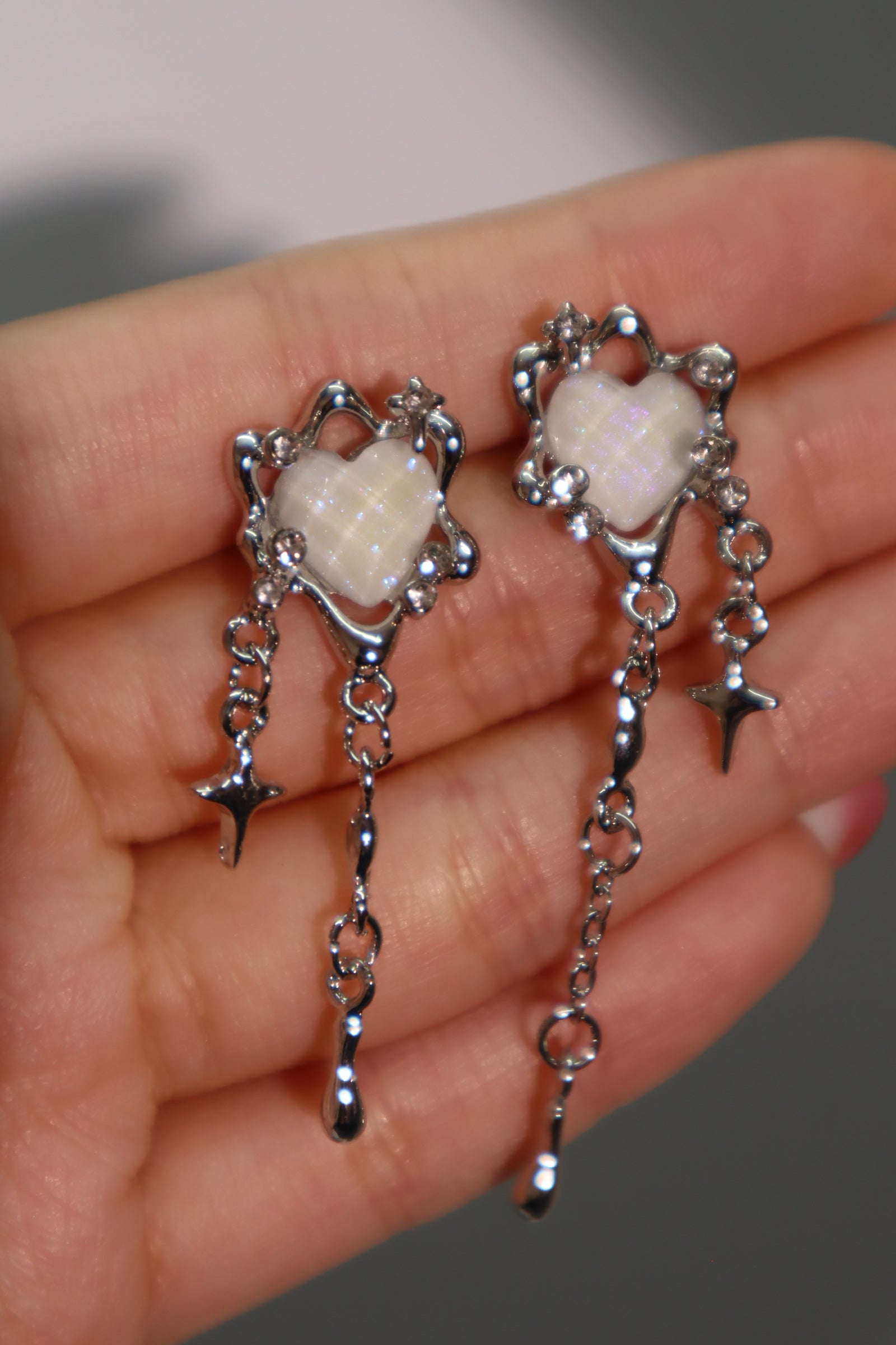 White Opal Heart Earrings
