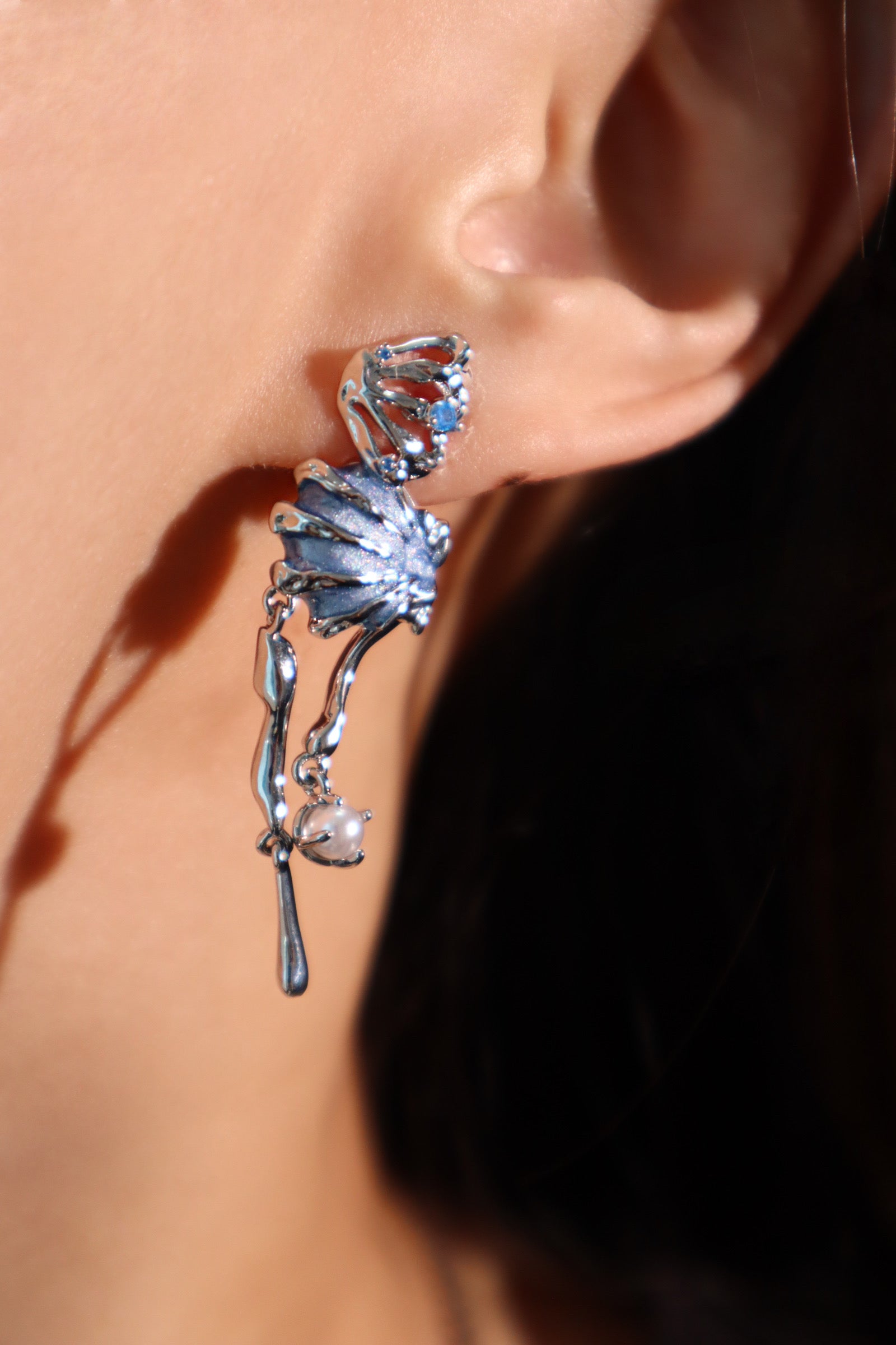 Platinum Plated Blue Shell Pearl Dangle Earrings