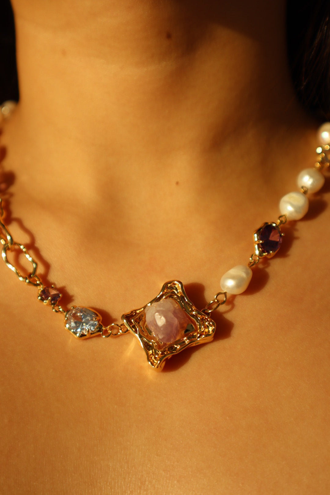18K Real Gold Plated Amethyst Diamonds Necklace