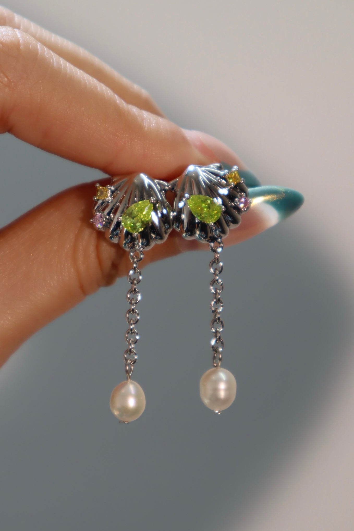 Platinum Plated Color Gems Sea Shell Pearl Dangle Earrings