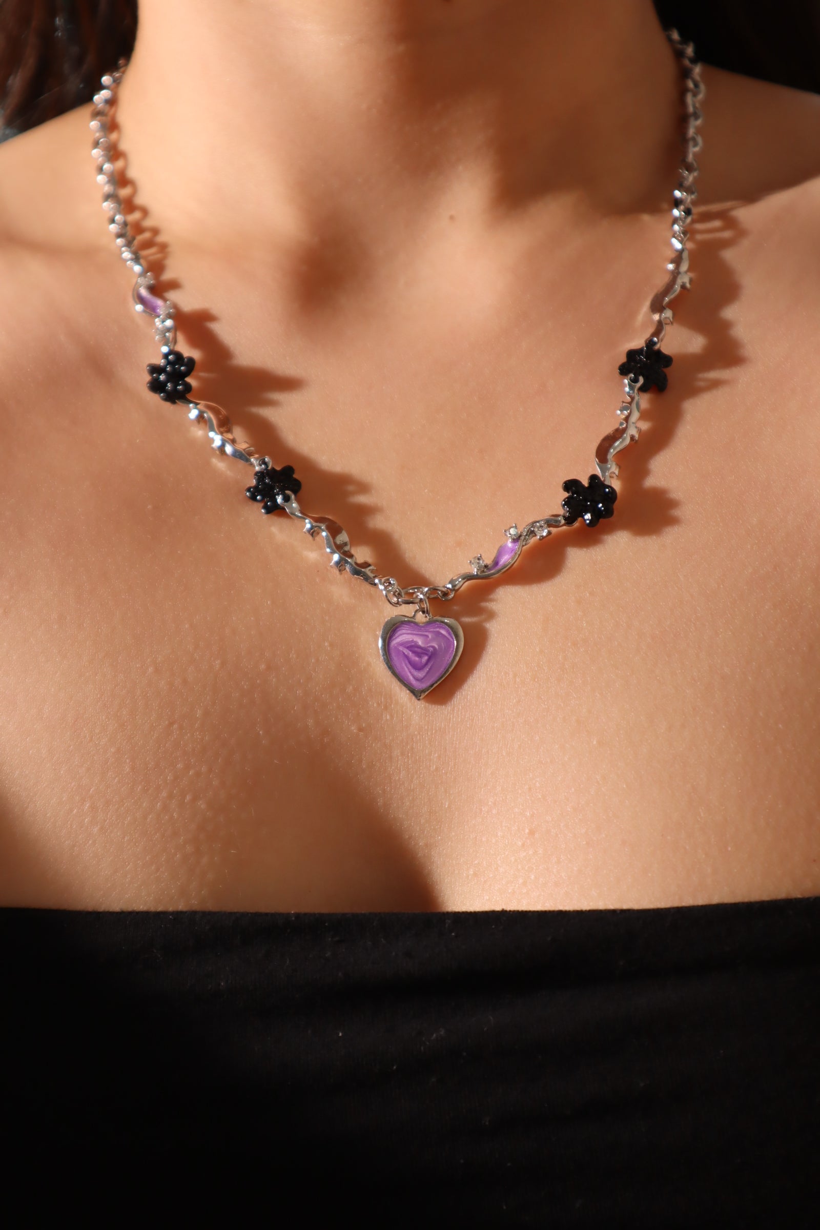 Purple Heart Multi Black Flower Necklace