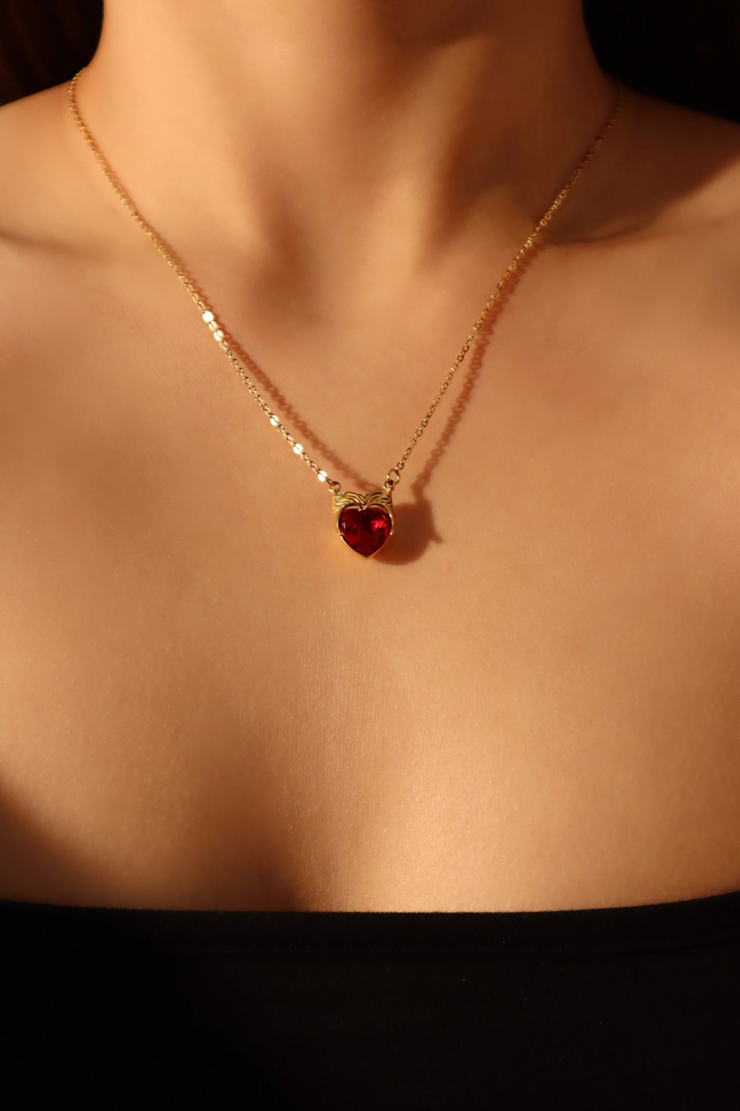 18K Gold Stainless Steel Red Gem Heart Necklace