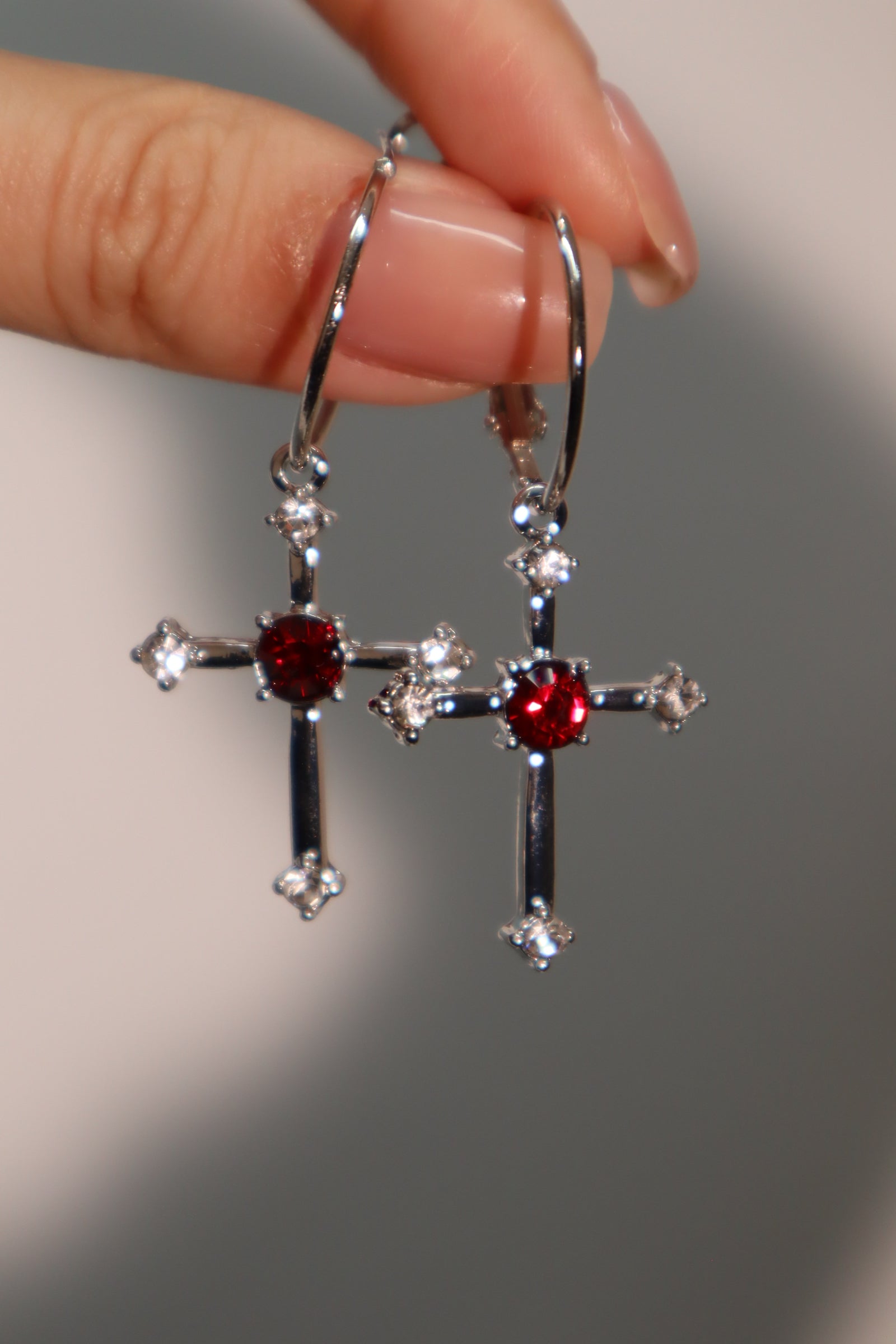Red Gem Cross Earrings