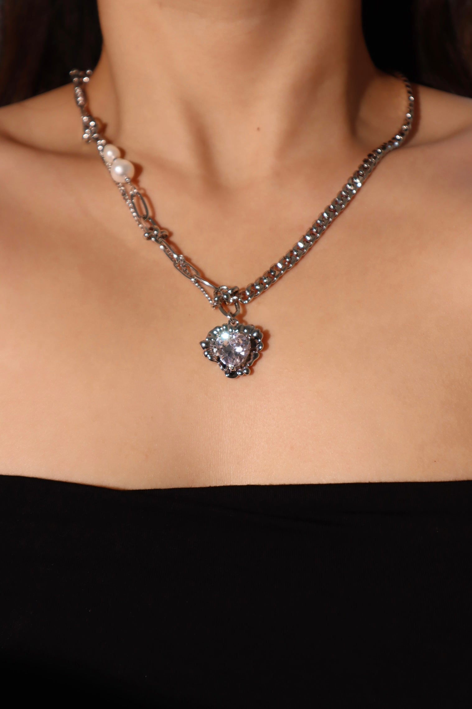 Platinum Plated Diamond Heart Pearl Necklace